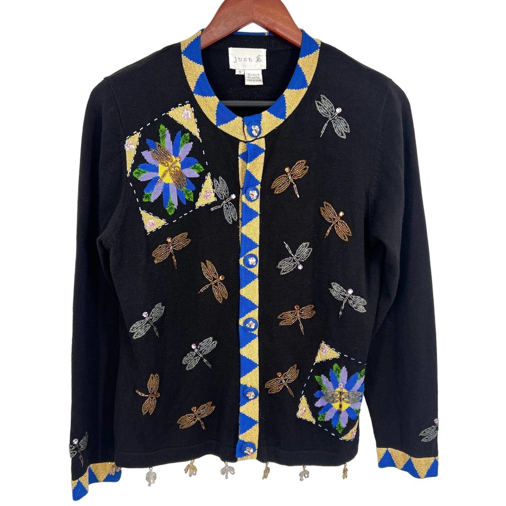Just B Womens Vintage Dragonfly Beaded Artsy Blouse Shirt Top Sweater Art Bugs